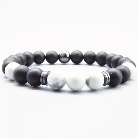 8mm Onyx Matte Black+Howlite Stretch Bracelet - Picture 1 of 1